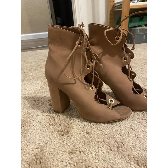 Steve Madden Boots Womens 8 Carusso Tan Leather Peep Toe Block Heel Lace Up - Picture 1 of 6